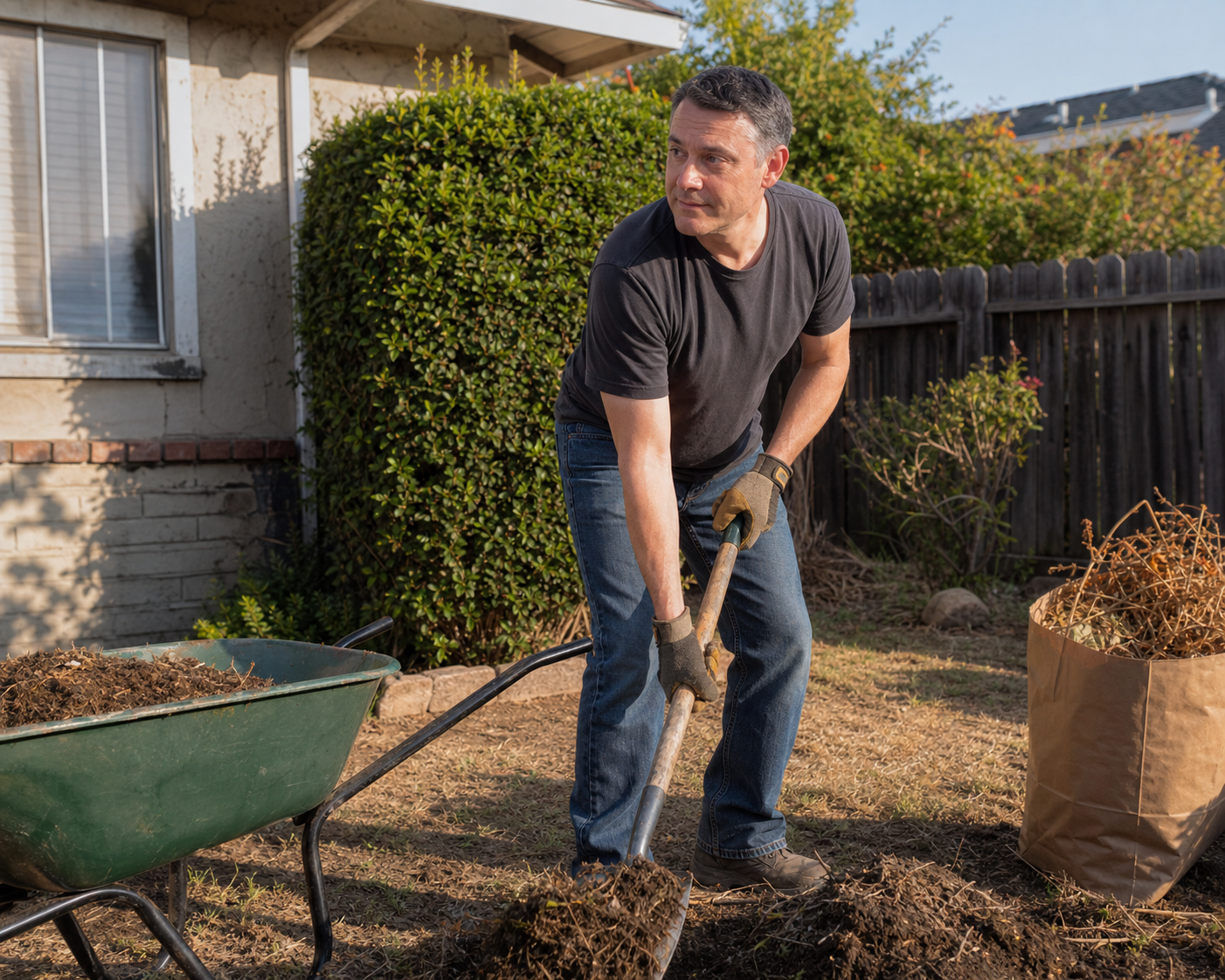 Harry doing hard yard work outside