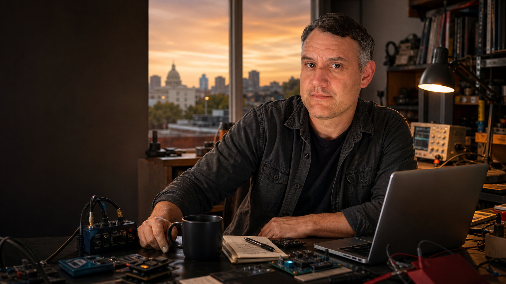Candid Sacramento tech workbench portrait of Harry Bartos