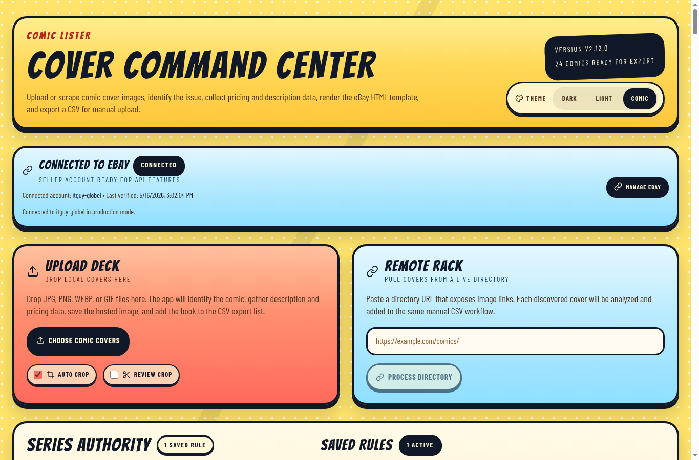 Screenshot of the Comic Lister project dashboard