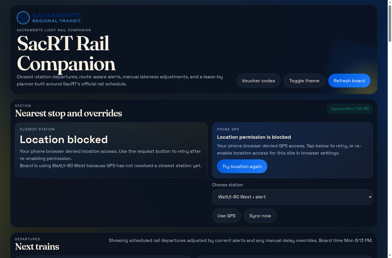 Screenshot of the SacRT Rail Companion project